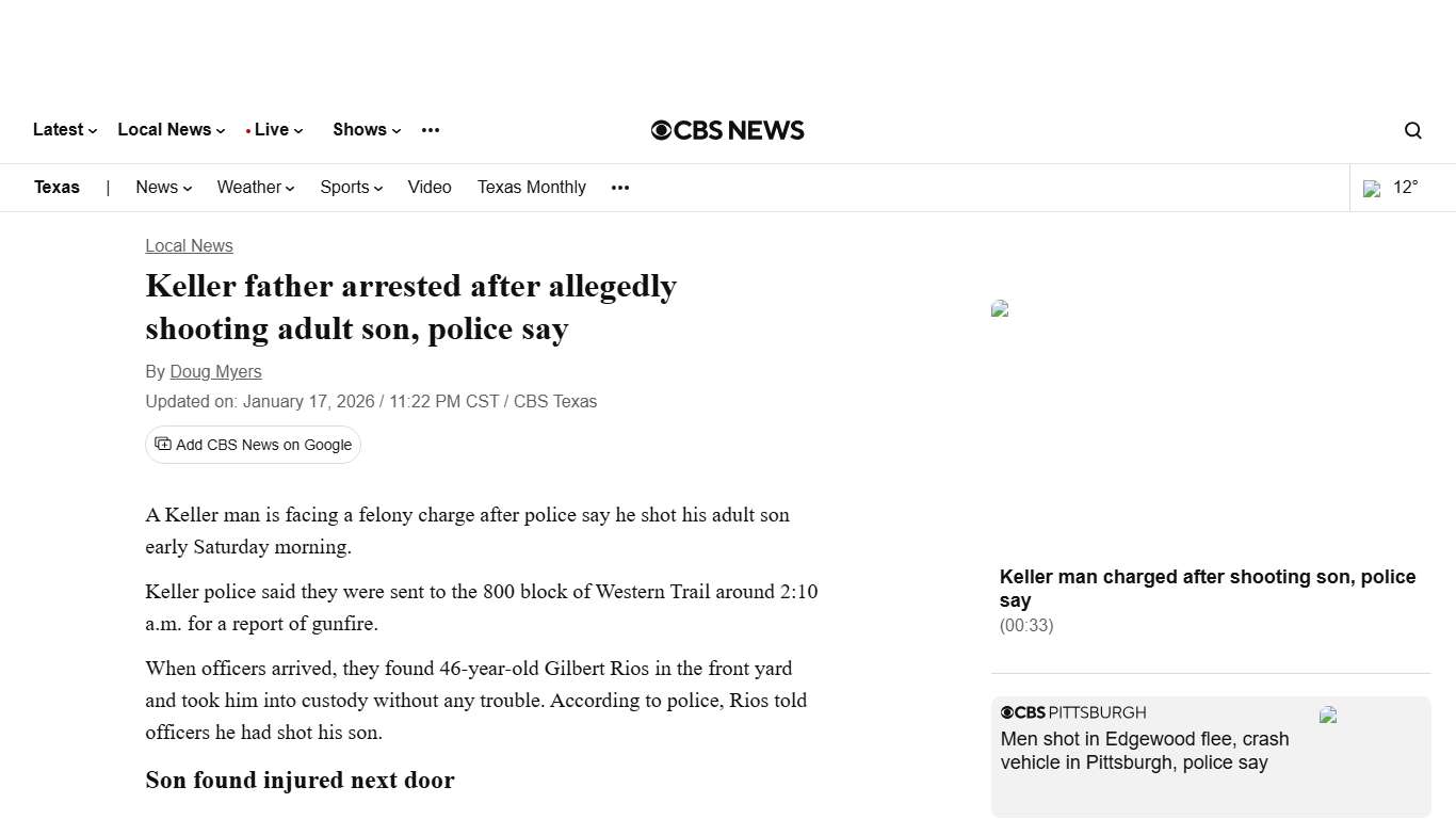 Keller father arrested after allegedly shooting adult son, police say - CBS Texas